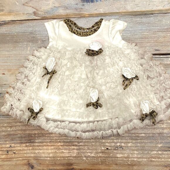 Nanette Baby Fancy Dress Off White Layered Ruffle Rose Bud Leopard Accent O-3 M - Picture 4 of 14